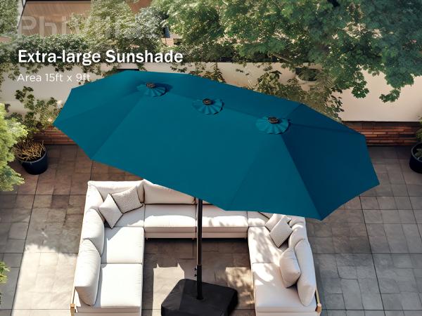 [15ft Extra Large] PHI VILLA Double-Sided Patio Umbrella with Crank & LED Lights - Large Steel Frame, UV Protection, Metal Base Included, Modern Decorative Lighting