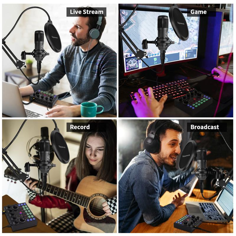 Squarock Podcast Equipment Bundle, Audio Interface with DJ Mixer Condenser Microphone for PC/Phone/Laptop,Recording,Streaming,Gaming