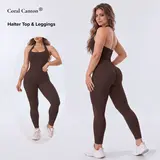 Coral Canton Seamless Halter Top & Leggings Sets SohoChic