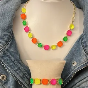 The Tessa Necklace and Bracelet Jewelry Set in Multi Neon Jewel Candy Vibes