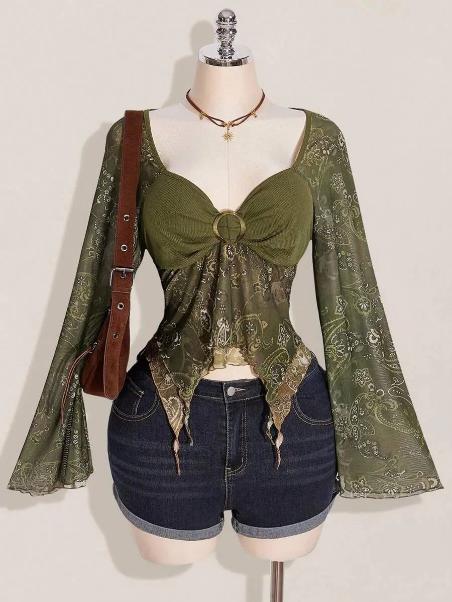 Women's Boho Holiday Paisley Print T-Shirt, Asymmetric Hem, Bell Sleeves, Vintage, Fall