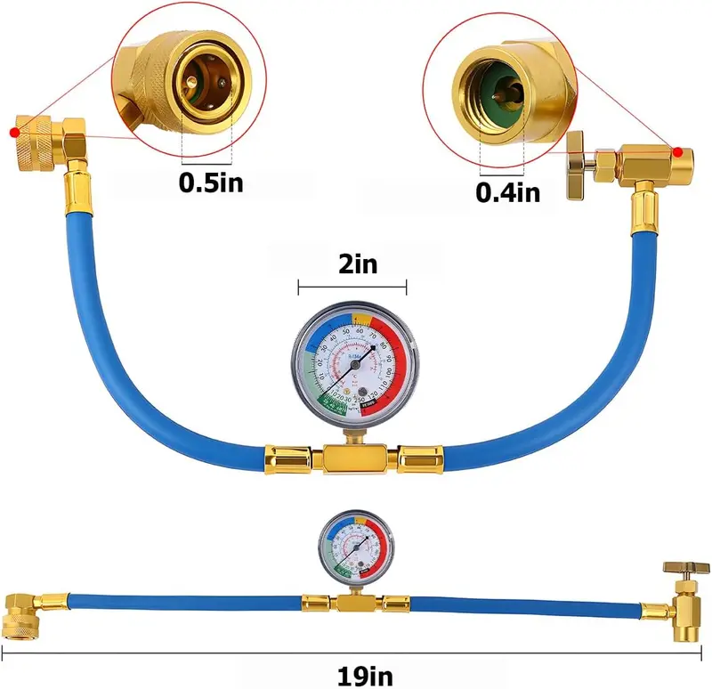Automotive R134A/R12 Car AC Charging Hose Kit with Pressure Gauge - 0.51 Inches Low Side Quick Coupler, 1/2 Dispensing Valve, High-Strength Aluminum Connector, 15.4" Deep Reach CNC Thread Hose, Easy-Install Universal Fit for Most Vehicles