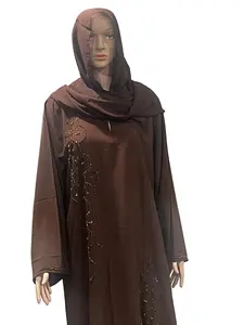 Closed Light Brown Abaya with Beaded Detailing and Elegant Design for Modest Wear Featuring Rich Brown Hue