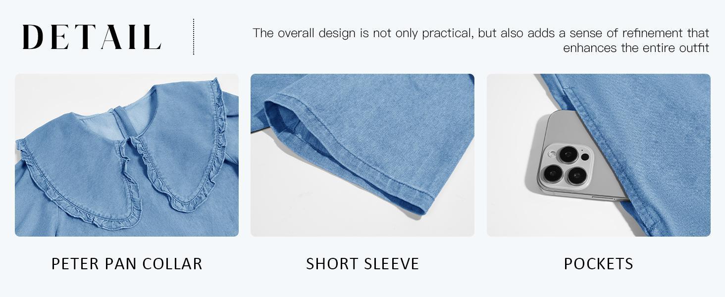 Imily Bela Womens Summer Denim Mini Dress Oversized Peter Pan Collar Short Sleeve Casual Flowy Babydoll Jean Dresses