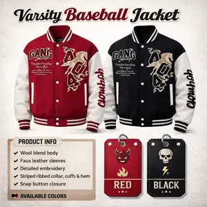 American high-street color-block varsity jacket for couples, featuring letter/number and gold dragon embroidery prints; a heavyweight wool body paired with abrasion-resistant PU leather sleeves; loose fit suitable for various body types; versatile for lay