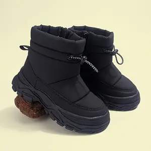 [Pink Snow Boots] Winter Pink Simple Khaki Drawstring Black-On Casual Snow Boots Girls |         Suitable Outdoor Use