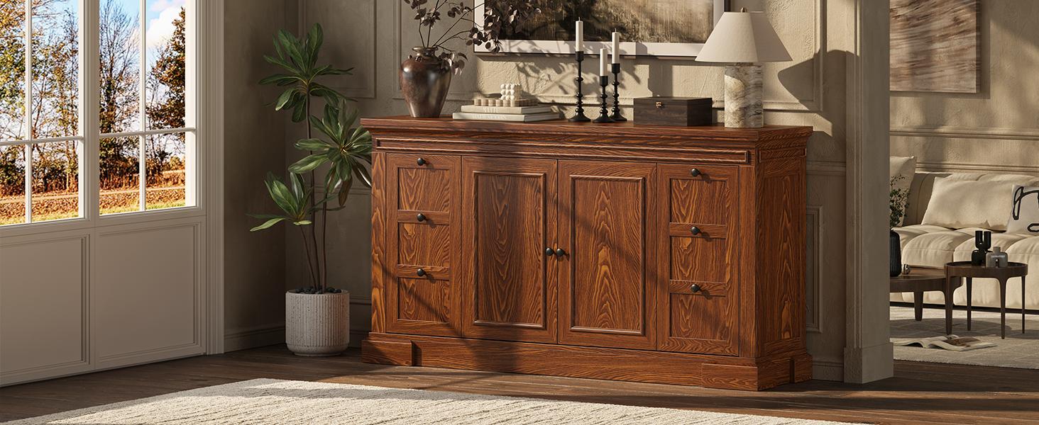 【SPRING GLOW UP】ONBRILL Sideboard Buffet Cabinet with Storage, 63" Large Credenza Kitchen Storage Cabinets with Drawer and Door, Wood Coffee Bar Table with Adjustable Shelf for Living Room, Kitchen, American Retro 【SPRING GLOW UP】ONBRILL Sideboard Buffet Cabinet with Storage, 63" Large Credenza Kitchen Storage Cabinets with Drawer and Door, Wood Coffee Bar Table with Adjustable Shelf for Living Room, Kitchen, American Retro