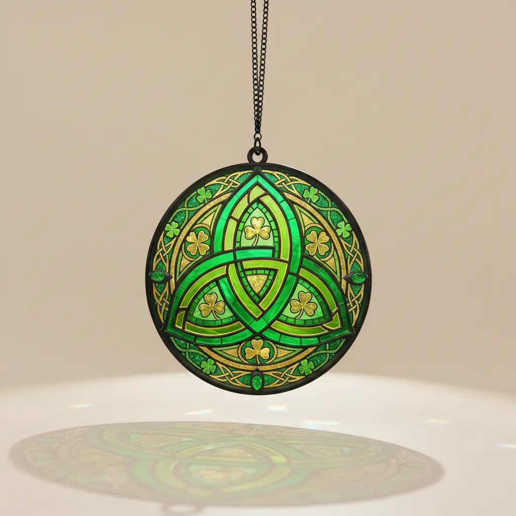 St. Patrick’s Day Celtic Trinity Knot Suncatcher – Shamrock Stained Glass Window Hanging, Irish Decor