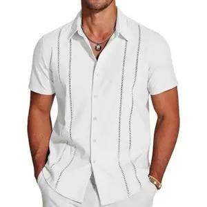 Men's Cuban Guayabera Shirt Short Sleeve Button Down Shirts Casual Summer Beach Linen ShirtsMenswear Soft Top Tropical Beige Shortsleeve