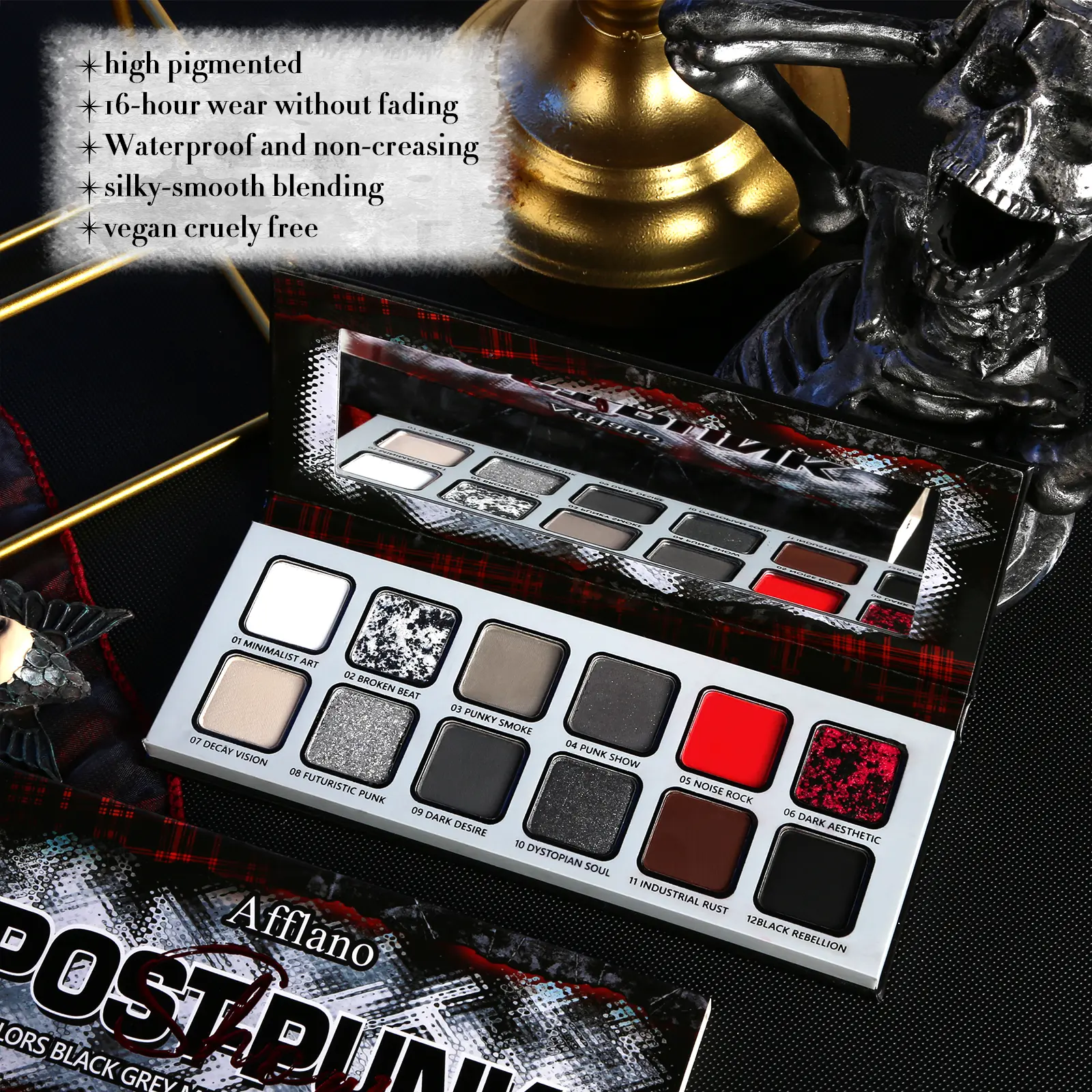 Afflano Red & Grey Cool Toned Smokey Eyeshadow Palette - Vegan, Highly Pigmented, Long Lasting, Waterproof Cosmetic for Adults, Easy Application, Gift for Flawless High Contrast, Gothic, Vampy Aesthetic Cool Toned Makeup Looks