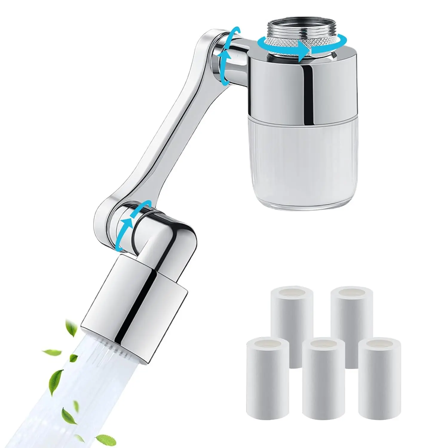 3D Swivel Faucet Aerator Filter Set - 360-Degree Rotatable, 2-Mode Splash-Free, Anti-Splash Soft Flow, Clear Visible Shell, 5 Replacement Cartridges, All-Angle Control, Universal Adapter for Kitchen, Bathroom Sinks