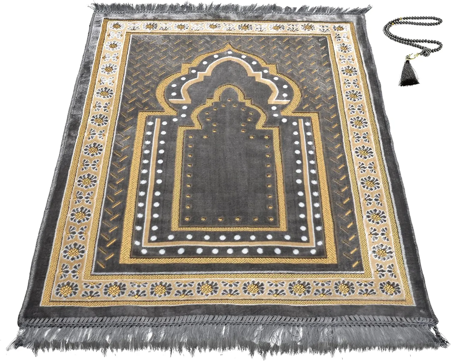 Islamic Prayer Rug Soft Velvet Muslim Mat Unique Arabic Turkish African Embroidered Design Prayer Bead Daily Salah Prayer Meditation Ramadan Eid Gift for Women Men Kids (Dark Gray)