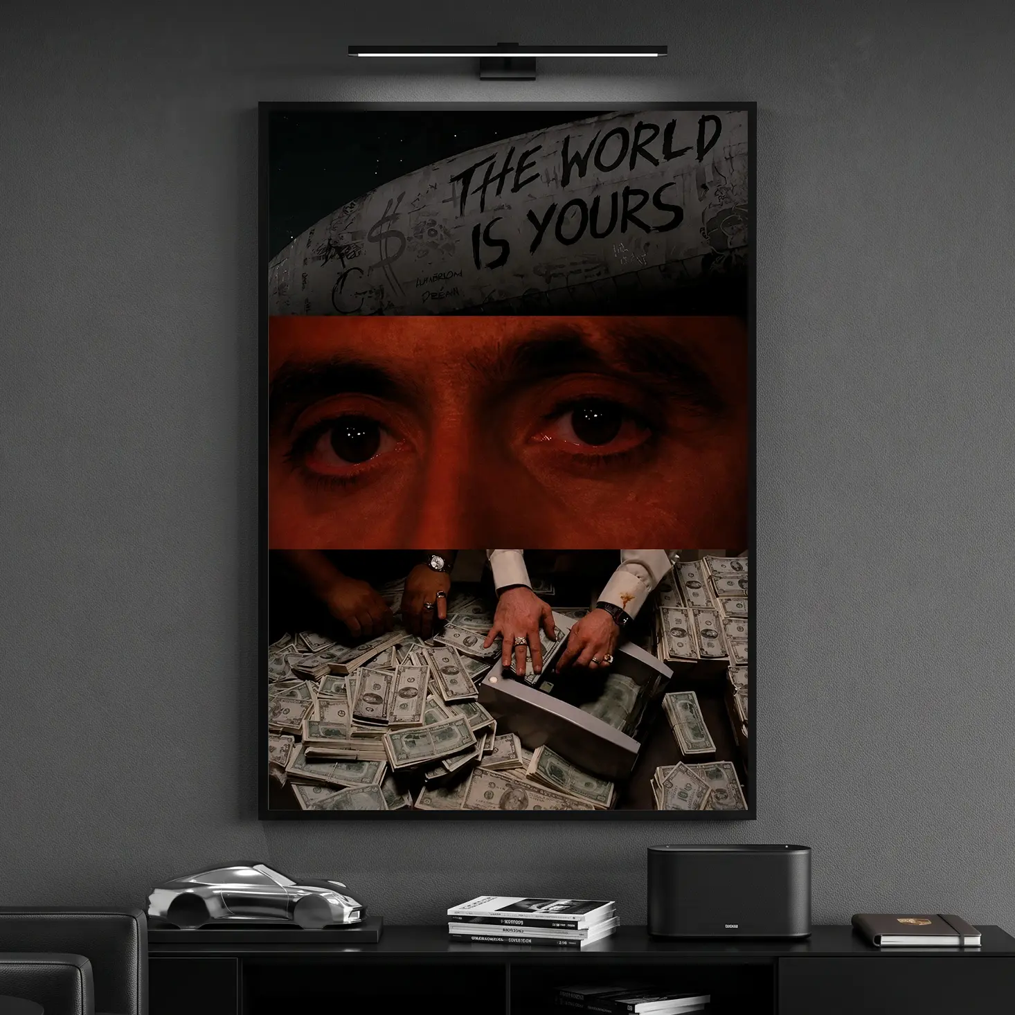 Scarface Tony Montana "The World Is Yours" Framed Tri-Panel Wall Art Print - Vintage Design Gangster Movie Montage Poster with Cash Stacks, Iconic Quote, Minimalist Hanging Art for Bedroom, Man Cave Wall Decoration