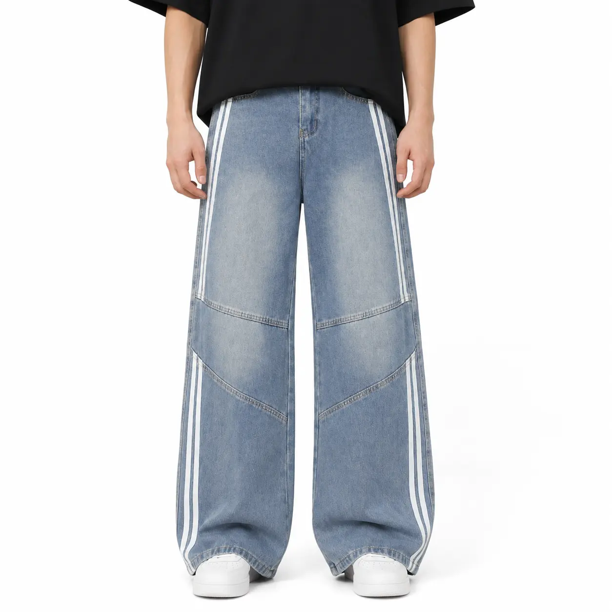Men's Oversized Wide-Leg Baggy Jeans - Light Wash Denim, Side Stripes, Elastic Back Waist, Fashion Menswear, Polyester-Viscose Blend