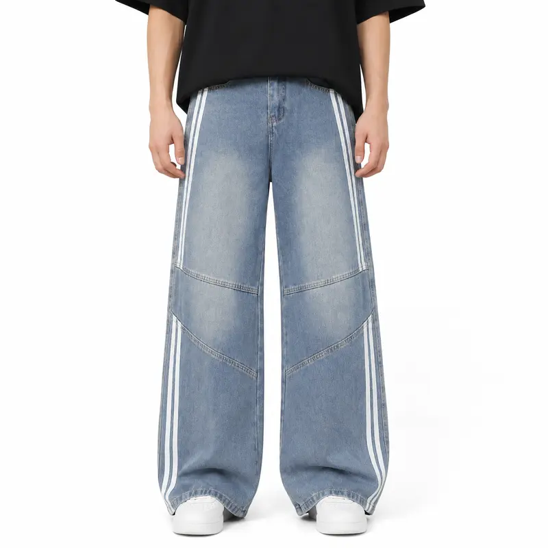 Men's Baggy Wide Leg Jeans - Oversized Light Wash Denim with Side Stripes, Elastic Back Waist, Y2K Sporty Vintage Skater Streetwear Pants
