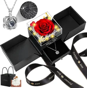 Preserved Red Real Rose with Heart I Love You Necklace -Eternal Flowers Rose Valentines Day Gifts for Her Wife Girlfriend Women Mom Grandma on Valentines Mothers Day Christmas Anniversary Romantic