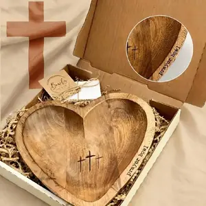 Wooden Heart Shaped Prayer Bowl with 24 Prayer Cards, Handcrafted Vintage Prayer Bowl with Cross & Letter Pattern, Religious Decorations for Home Living Room Bedroom Church, Christian Ornaments, Home Decor, New Year's Day Valentine's Day & Easter Sunday