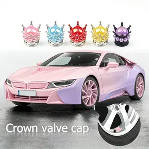 Crown Tire Valve Caps Heavy Duty Handmade Crystal Rhinestone Pearl Car Wheel Valve Stem Covers Universal for Car Truck SUV Bike Cute Cool Dopamine Color Auto Exterior Decoration Modified Car Accessories 4 Pack