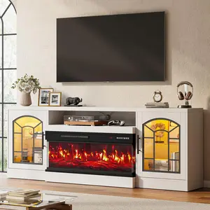PUKAMI 70" Fireplace TV Stand, TV Stand with 3-Sided Glass Electric Fireplace, Entertainment Center Console with Storage Cabinets for TVs up to 80", 36" Fire Place White TV Stands for Living Room