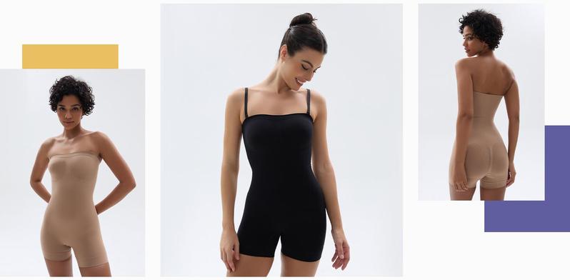 SHAPERX Strapless Shortie Bodysuit Tummy Control Shapewear Ultra Stretch Fabric Comfortable Fit with Moderate Support for Women Black Minimalist Basic Style