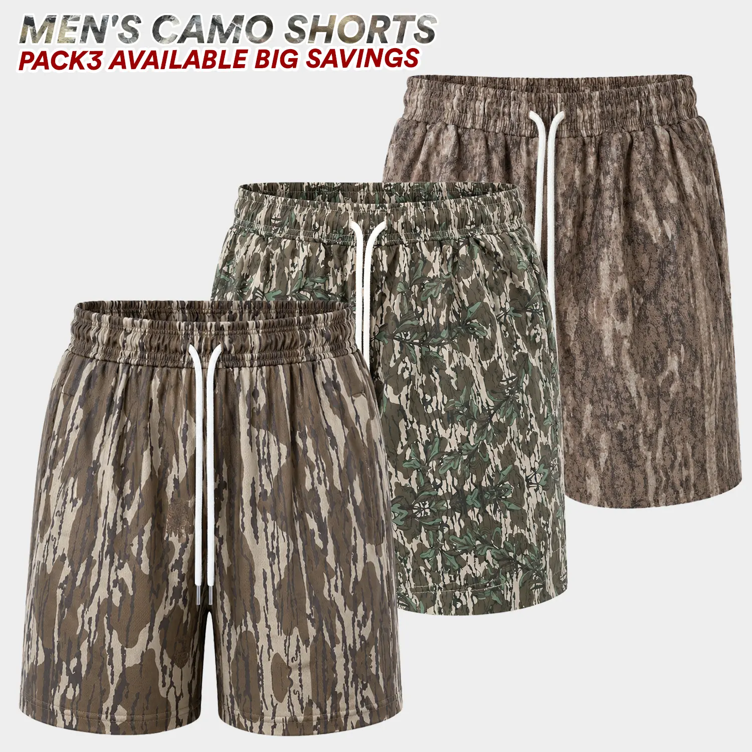 Men’s Hunting Camo Shorts - 5” Inseam, Quick Dry, Soft Activewear, Breathable Printed, Athletic Cut, Sporty - 1 Pack or 3 Pack Options, Athletic Cut Shorts, Breathable Printed Shorts