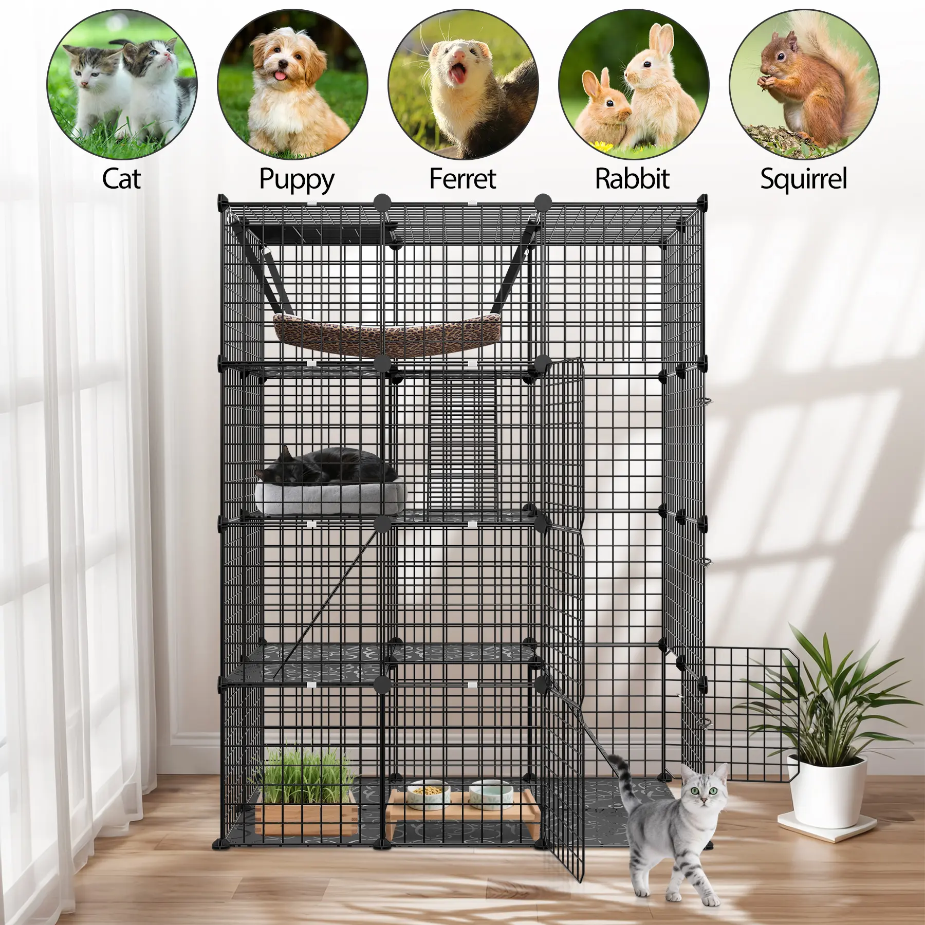 Pet Republic 4-Tier Metal Wire Crate Kennel DIY Kit - Left/Right Doors, 22lb Capacity, Foldable Indoor Kennel, Cage Enclosure, Hammock, Skylight Top, Plastic, Collapsible Portable for Cats