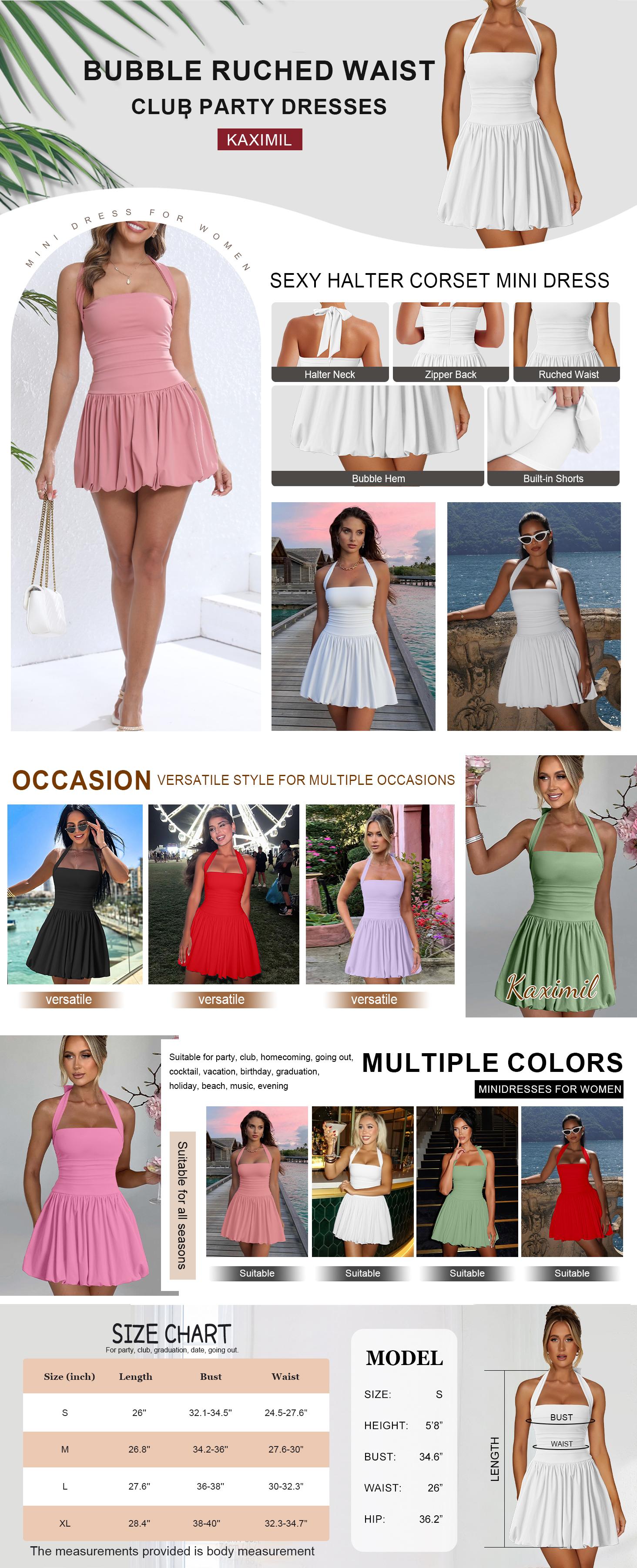 Kaximil Women's Snatched Halter Mini Dress Built-in Shorts Stretchy Active Fabric Backless A-Line Sun Dress Spring Break & Graduation Party Outfits Flowy Ruffle Hem Fit & Flare Dress