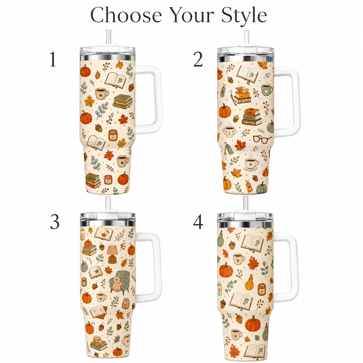 Autumn Book Lover Tumbler With Handle and Straw, Pumpkin Leaves Coffee and Books Pattern Cup, Cozy Fall Gift for Readers and Women