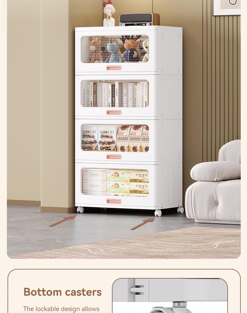 MiAoLi  4Tier Stackable Plastic Storage Cabinet System - Large-Capacity Storage Boxes with Doors and Casters, Space-Saving Folding Home Organization Solution for Bedrooms, Living Rooms, and Kitchens, Easy Assembly