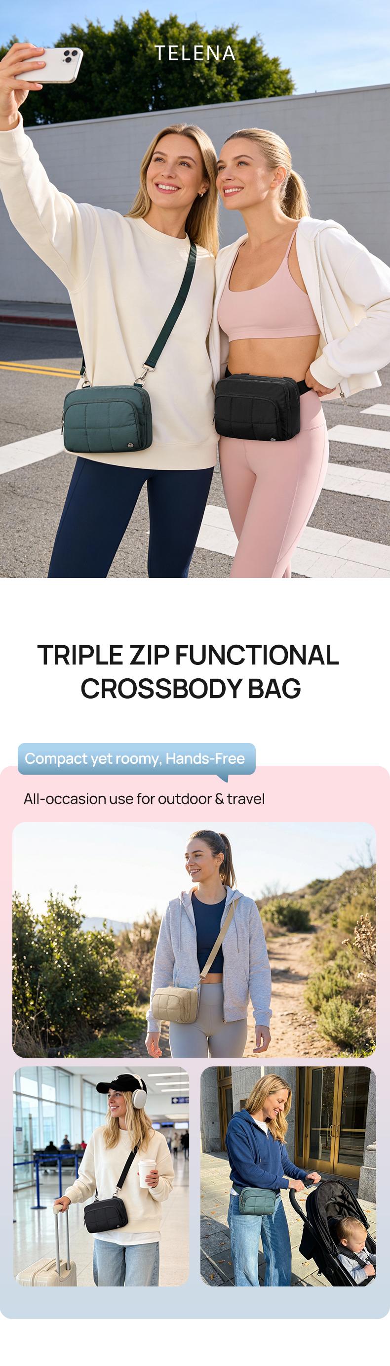 Telena 3-Zip RFID Blocking Fashion Multi-Compartment Puffer Bag Women's Crossbody Bag  Machine Washable Waterproof and Abrasion-Resistant Mom's travel bag,Travel crossbody bag Sports and outdoor crossbody bag