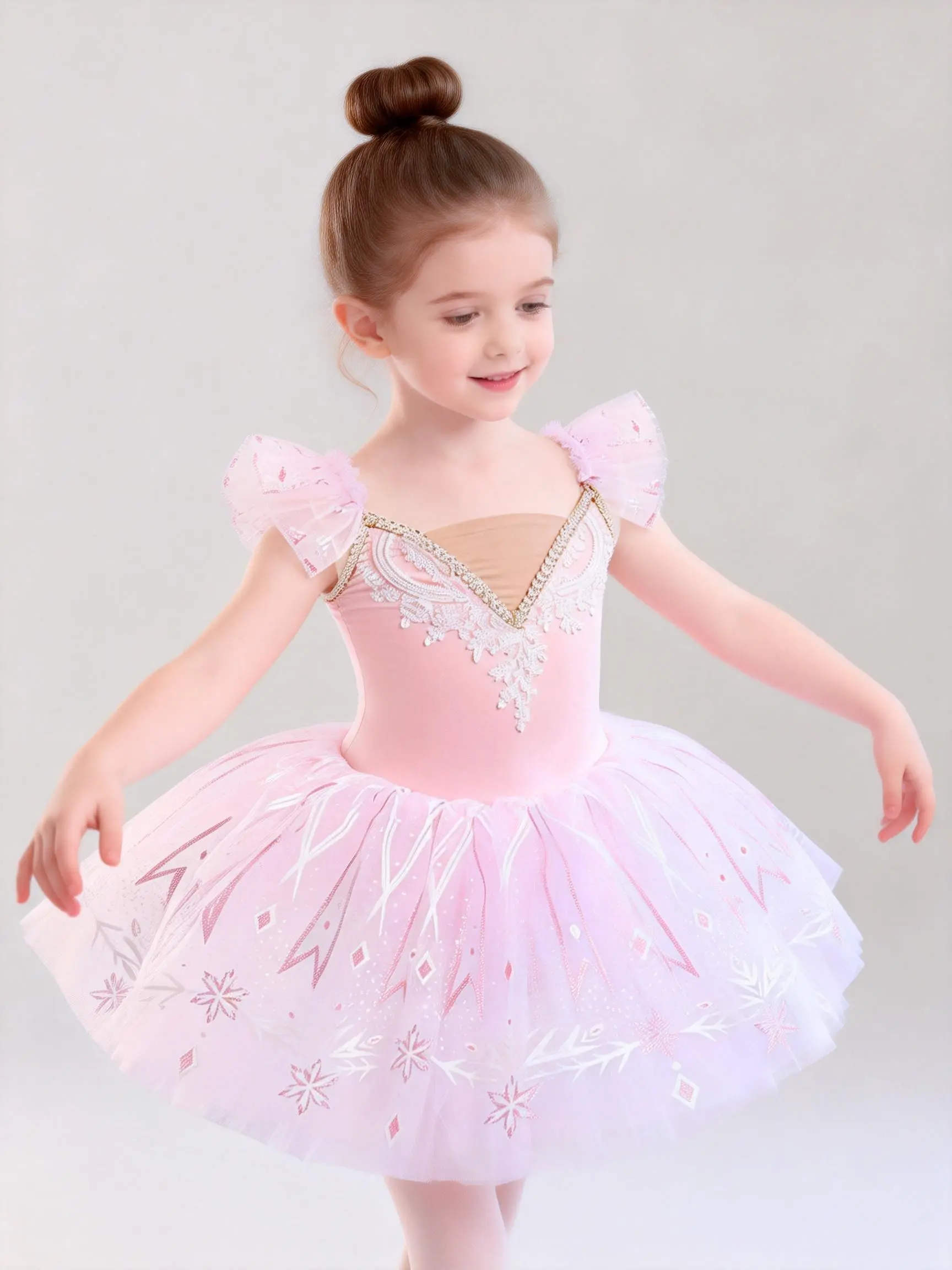 Girls' Slim-Fitting Ballerina Dress - Pink Dance Outfit, Mesh Skirt, Puff Sleeves, Rhinestone Accents, Sleeveless Top, All-Season Performance Wear for 6-7y, 8-9y, Hand Wash Only