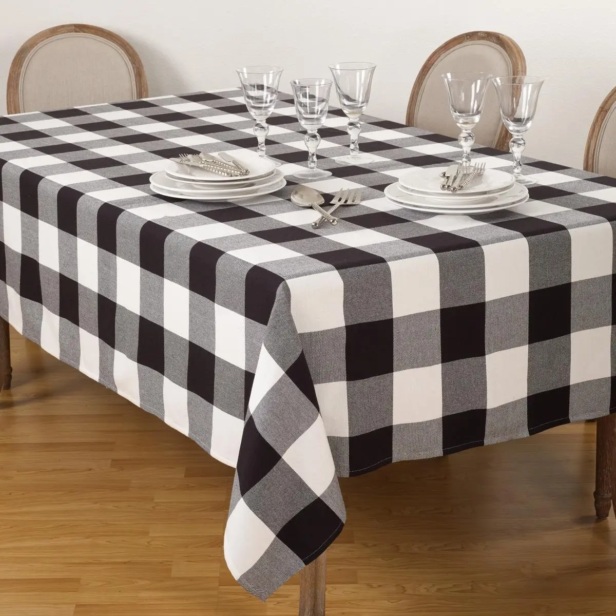 SARO 9025.BK65104B Black Cotton Checkered Tablecloth, 65 x 104 in. Rectangle Buffalo Plaid Design for Outdoor Tables, Furniture
