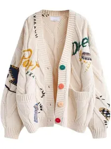 Women's Cable Knit Embroidery Patchwork Cardigan V Neck Long Sleeve Open Front Button Down Sweater Women's knitted cardigan coat Long sleeve V-neck embroidered cardigan sweater coat