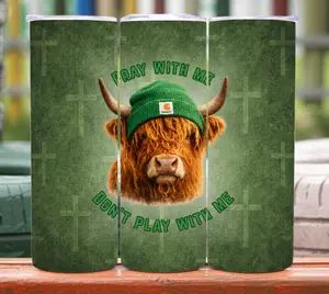 Pray With Me Don’t Play With Me Highland Cow Tumbler | Christian Faith Stainless Steel Tumbler | 20oz / 30oz Insulated Coffee Cup