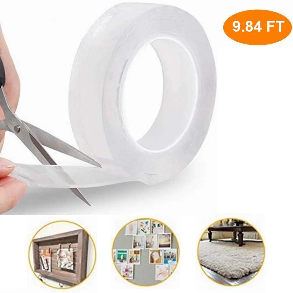 Multifunction Double Sided Heavy Duty Nano Tape 9.84 Ft Seamless Washable Transparent Adhesive Tape for Cellphone Pads Keys Kitchen Tools No Residue Reusable Strong Stickiness Gel Tape