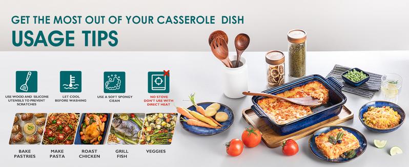 vancasso Starry 1.9/3.8 Quart Casserole Dish, Large Lasagna pan with lid, Stoneware Casserole with lid, Microwave Safe, Blue Heat Resistant Bakeware Oven