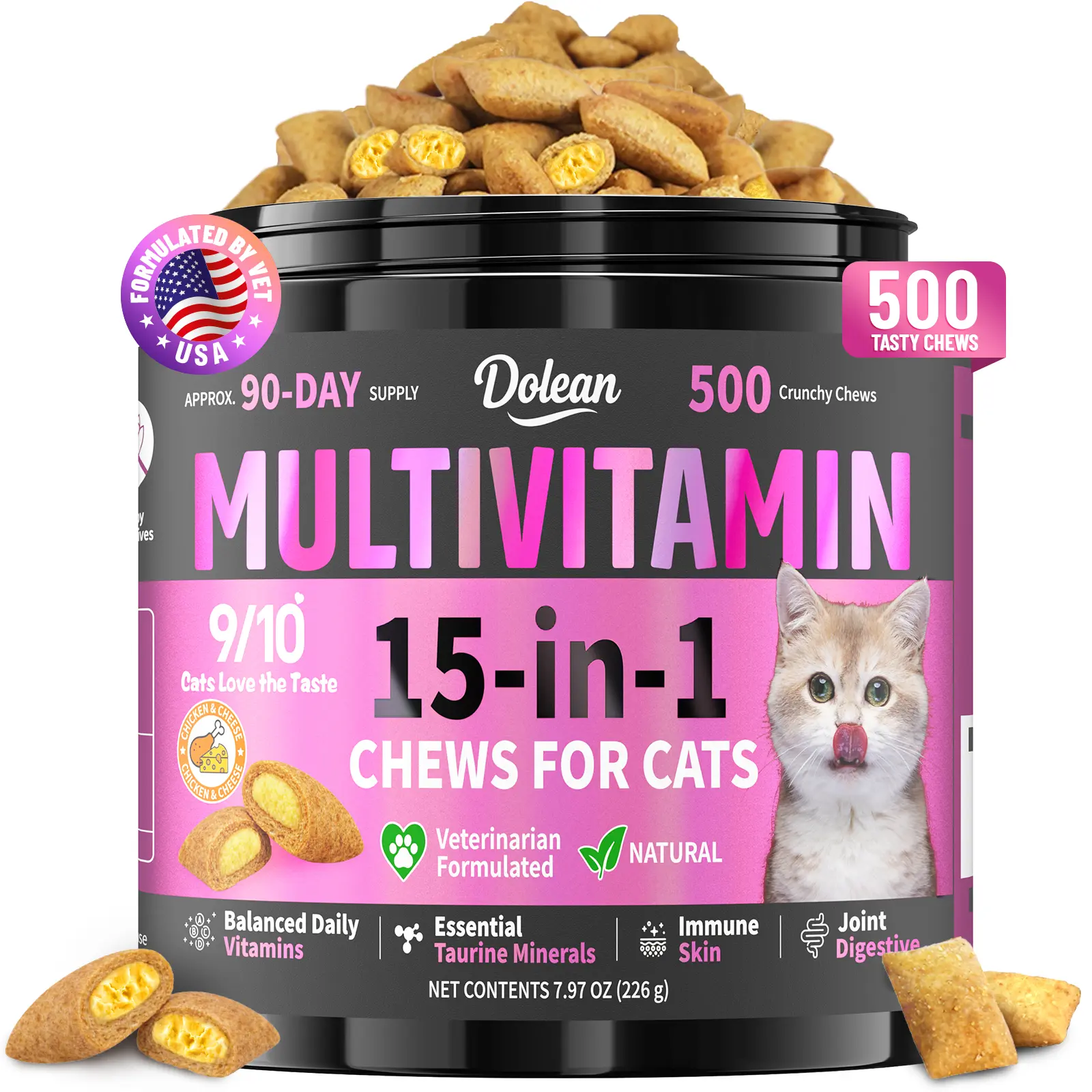 Taurine for Cats Vitamins Treats, 15 in 1 Cat Multivitamin Support Skin, Joint, Digestion & Immune Supplement, 500 Crunchy & Creamy Chews with Essential Vitamins for Cats of All Ages (90-Day Supply)