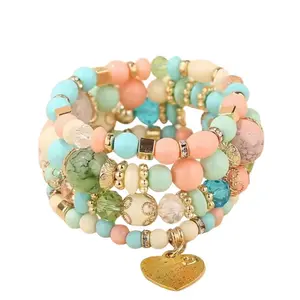 The Pastel Harmony Stack - Multicolor Beaded Bracelets with Gold Heart Charm for Women