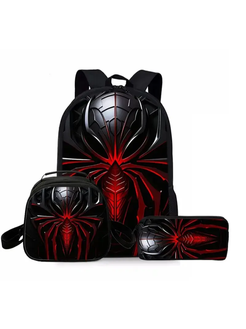 Unisex 3-Piece Backpack Set with Lunch Bag & Pencil Case, Geometric Spider Print Outdoor Gear for School & Gym, Combo Pack