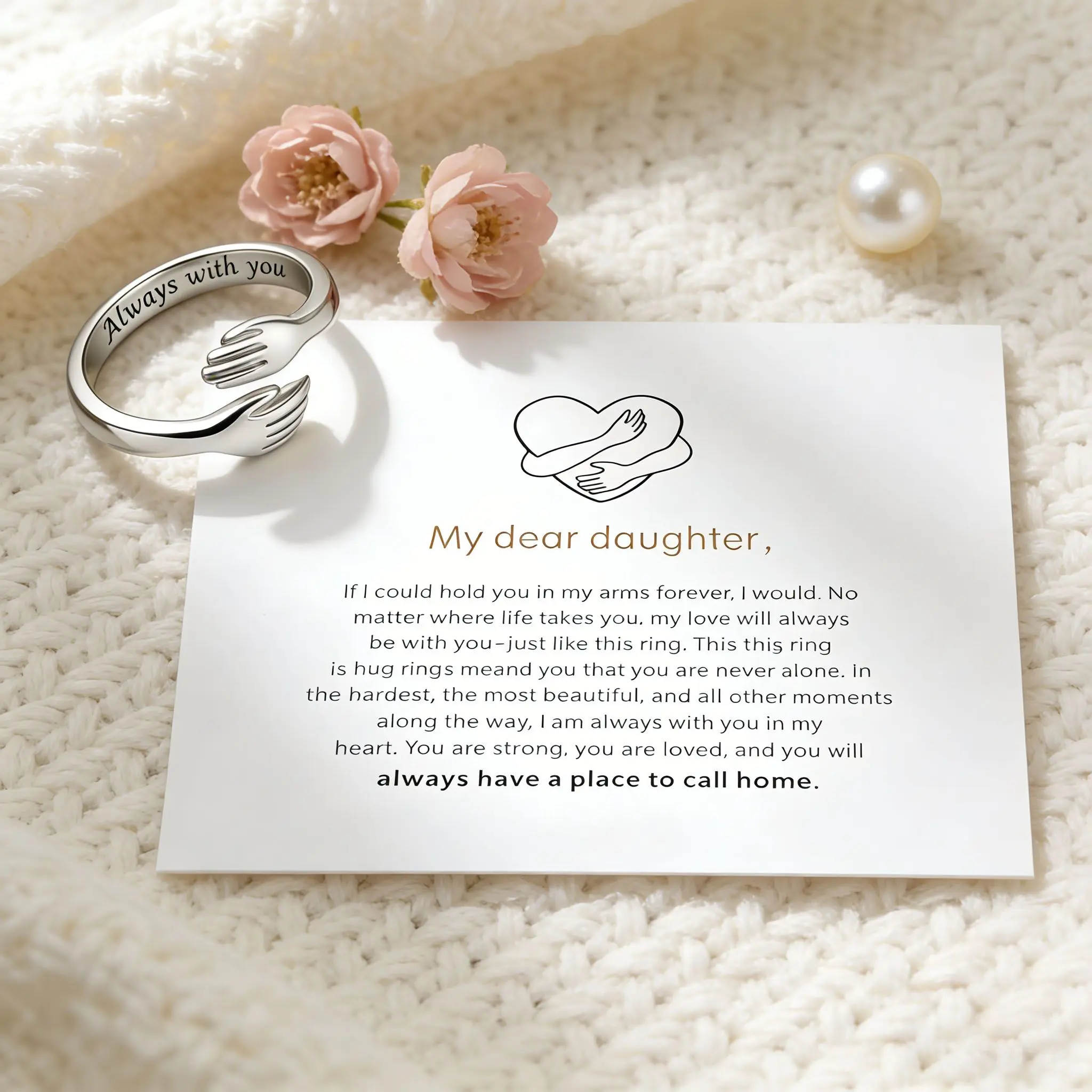 Women's Stainless Steel Hug Ring, Engraved "Always With You" Message, Adjustable Tarnish-Free Personalized Jewelry, Sentimental Birthday Gift for Daughter, Birthday Gift Ideas, Hug Symbol