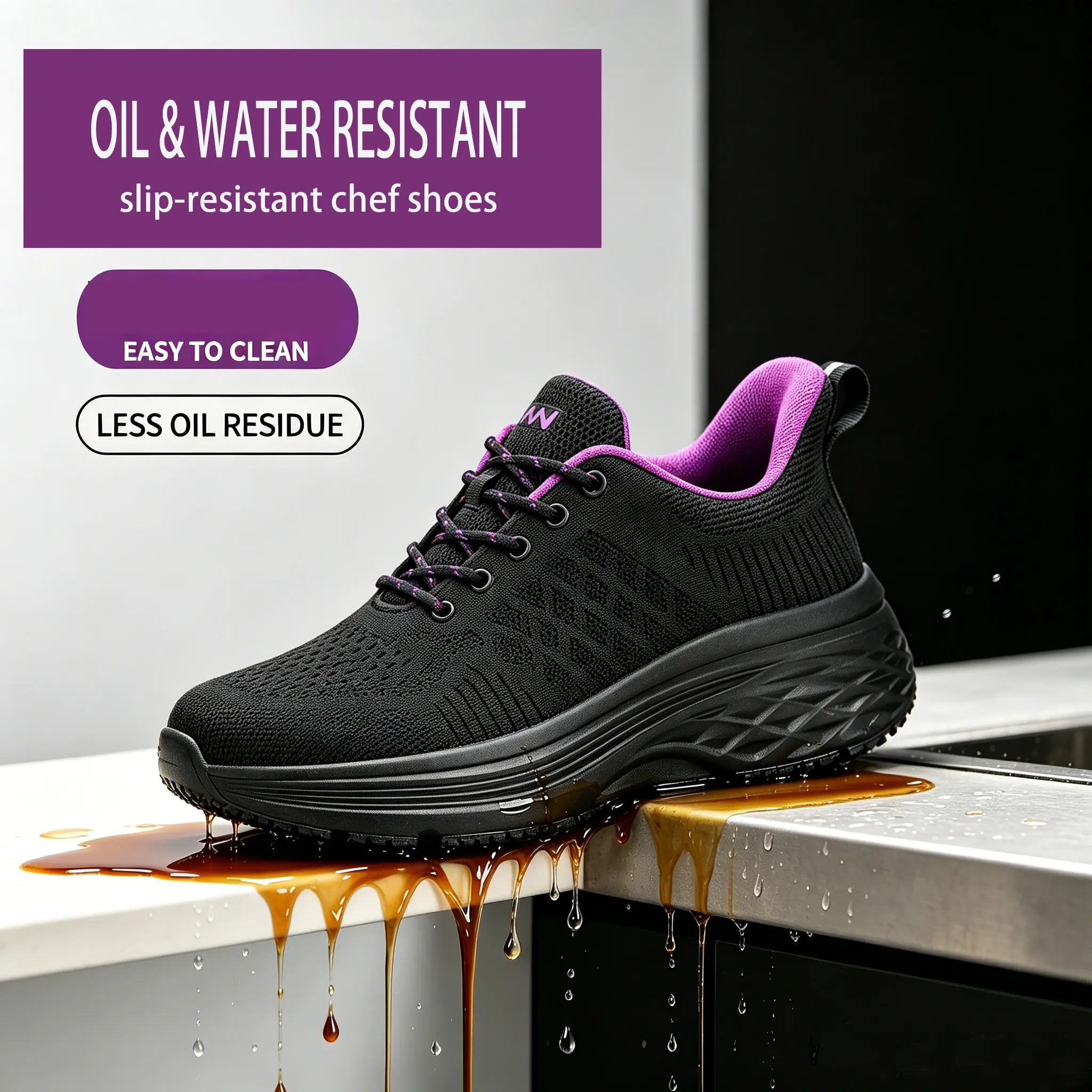 Women's Waterproof Anti-Oil Lace-Up Round Toe Non-Slip Rubber Casual Trainers - Work Footwear for Long Kitchen Shifts, Restaurant Essentials, Non Slip Shoes for Work, All Season