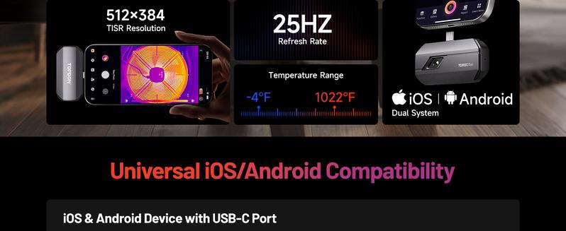TOPDON TC002C Duo Thermal Camera, Thermal Imager, Compatible with Any USB-C iPhone, iPad & Android Device, 512 x 384 Super Resolution, 256 x 192 IR Resolution
