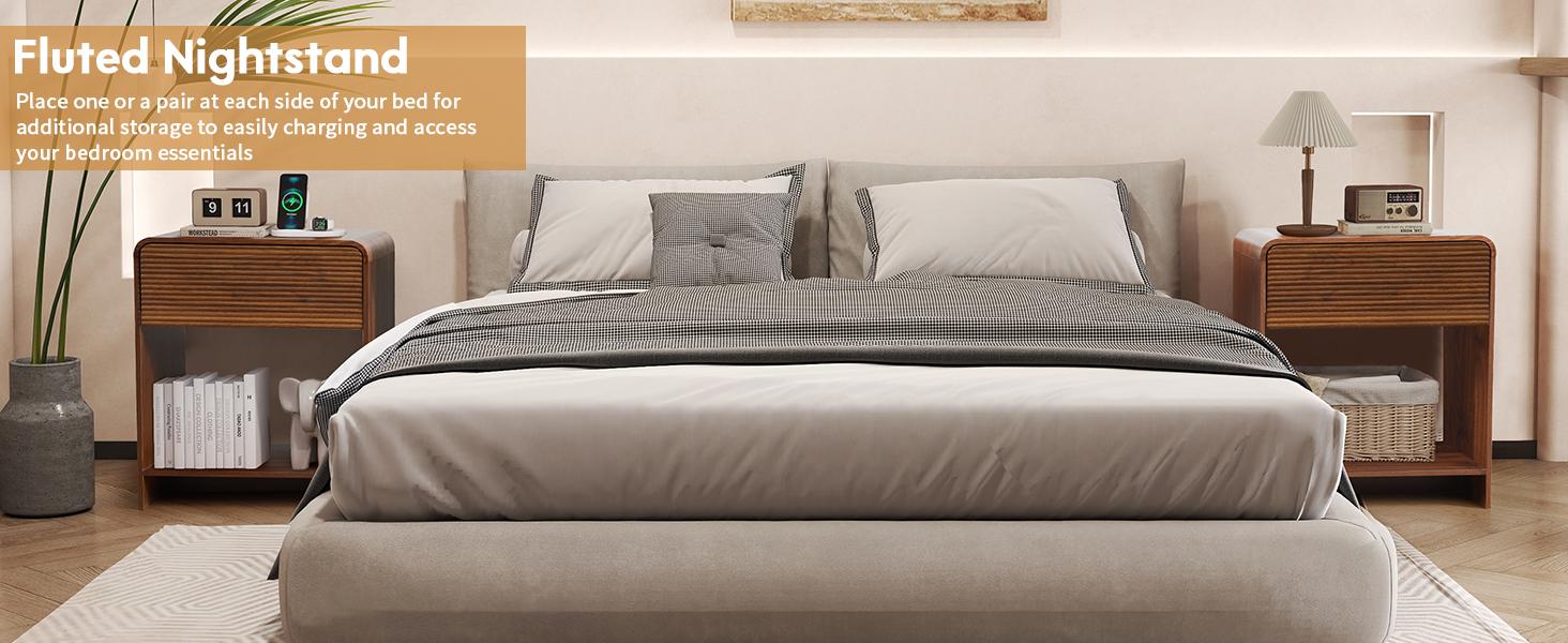 Giratree 24.8" Fluted Nightstand Set of 2 with Charging Station, Modern Bed Side Table End Table with Drawer Storage, Large Wooden Night Stands Bedside for Bedroom Living Room Sofa Office