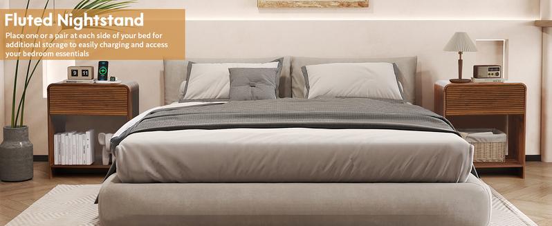 Giratree 24.8" Fluted Nightstand Set of 2 with Charging Station, Modern Bed Side Table End Table with Drawer Storage, Large Wooden Night Stands Bedside for Bedroom Living Room Sofa Office