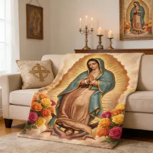Our Lady of Guadalupe with Rainbow Roses Flannel Blanket Soft Cozy Plush Throw Perfect Religious Gift for Catholics Devotees Warm Snuggle Blanket for Bedroom Prayer Space Iconic Sacred Art Design