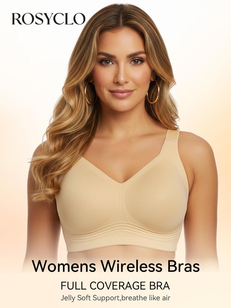 rosyclo Women's Wireless Push Up Bra Plus Size No Underwire Deep V Bras for Women Full Coverage Back Smoothing Sports Bra with 4-Layer Jelly Strips Support and Lift All Seasons Seamless Activewear Yoga Workout Activewear