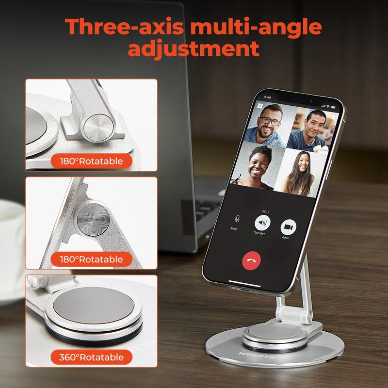 MUNBYN 360-Degree Rotating Magnetic Phone Stand ,Adjustable Foldable Aluminum Phone Holder,Universal Phone Accessory for Home Office, Silver Edition