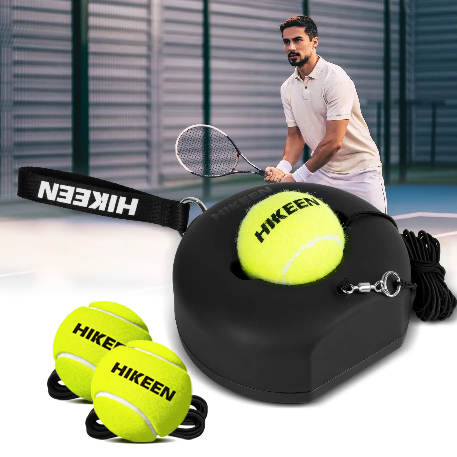 Hikeen Premium Tennis Trainer Rebound with Metal Base, Portable Set with 3 Highly Elastic String Balls, Ideal for Adult Kids and Beginners Training Outdoor Gear Sports Rackets