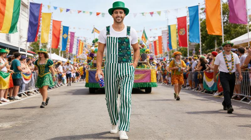 Yuanbang St Patrick's Day Overalls for Men Lucky Irish Romper Green Stripes Print Bib Stretch Denim Coveralls Adjustable Straps Jumpsuit Holiday Menswear Festival Beer Party Mardi Gras Outfits Dad Gifts Football Outwear