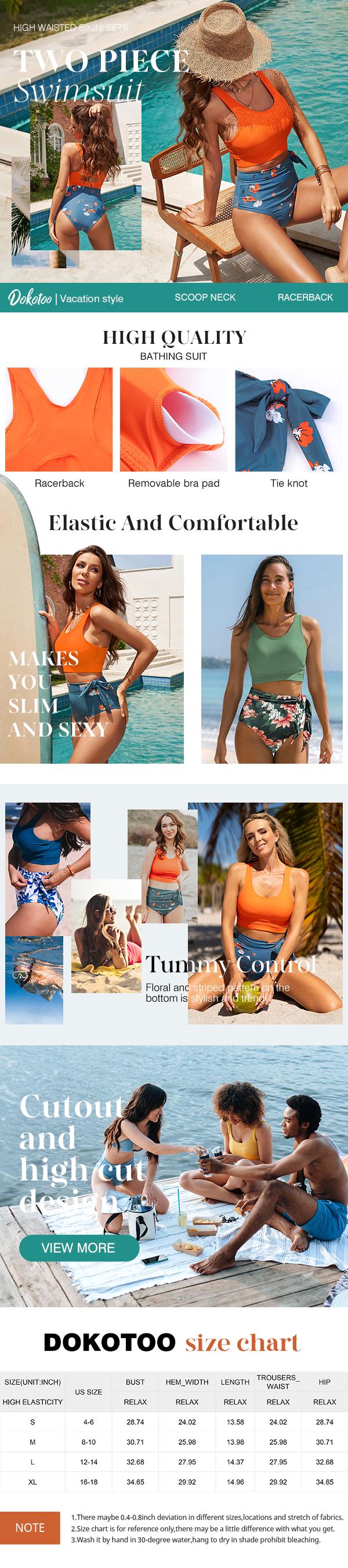 Dokotoo Womens Scoop Neck Racerback High Waisted Bikini Sets Two Piece Swimsuit Floral Print Tummy Control Bathing Suit